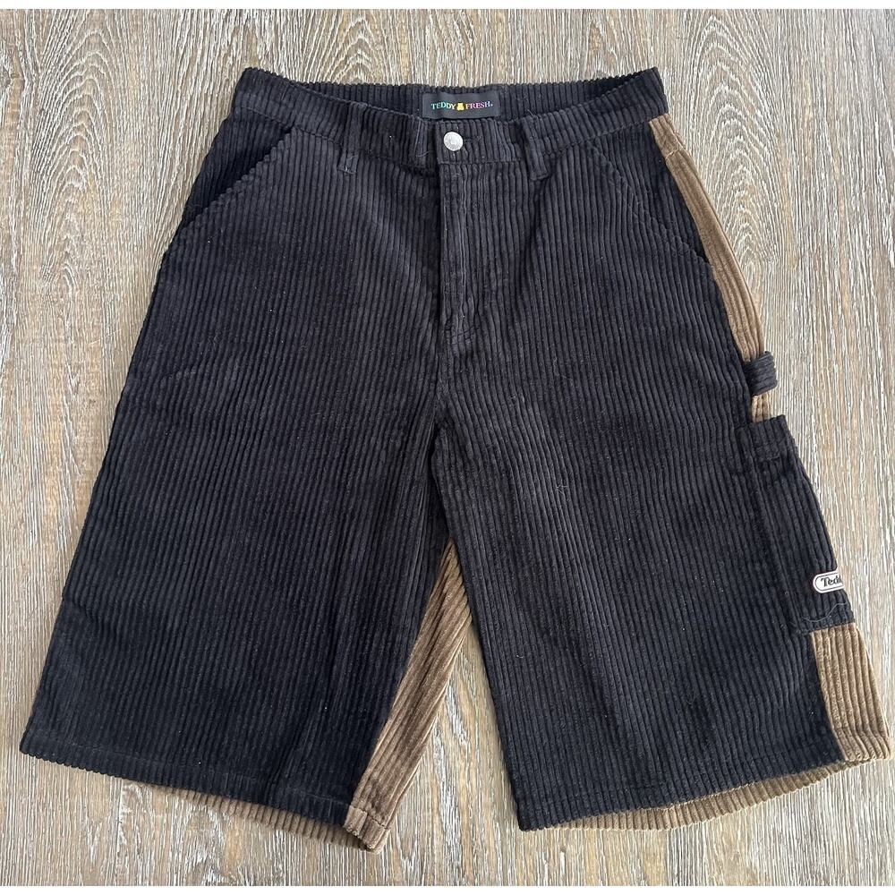 TEDDY FRESH Men’s Corduroy Shorts Black Brown Pockets Sz 28 Perfect Condition